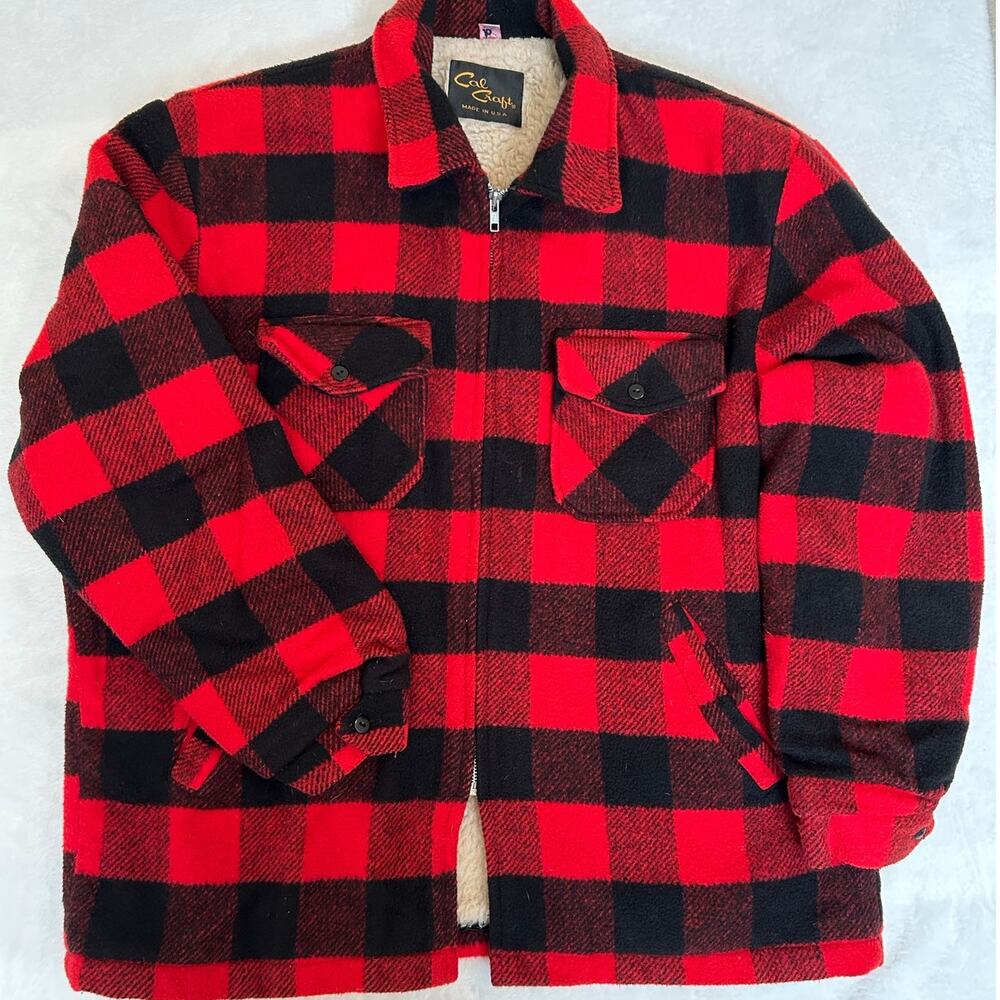 Vintage Cal Craft red and black buffalo plaid outdoor sherpa jacket Mens Sz XL